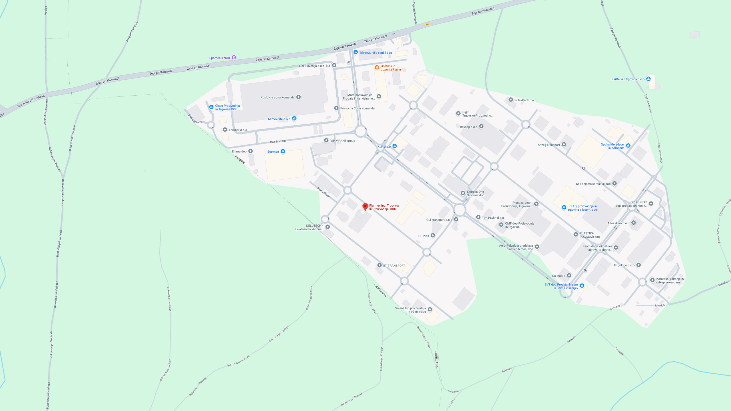 Zemljevid lokacije podjetja Plamtex v industrijski coni Komenda